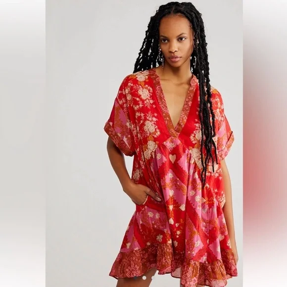 Free People Agnes Printed Mini Dress in Red/Pink - Picture 1 of 8